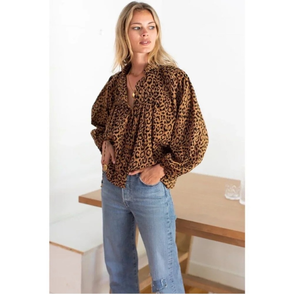 India Collection Emerson Fry Emmaline Organic Cotton Leopard Blouse Size XS